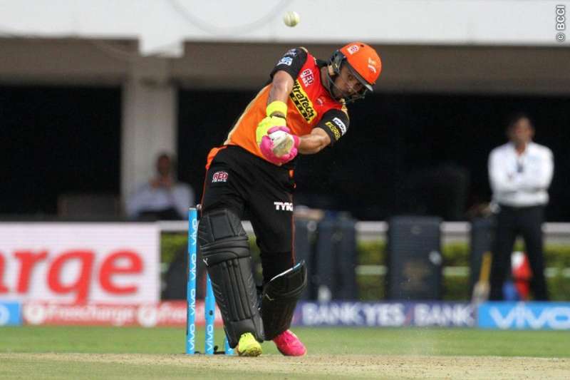 Yuvraj Singh of Sunrisers Hyderabad (SRH) hits a maximum during his innings in the Indian Premier League (IPL) match against DelhiDaredevils