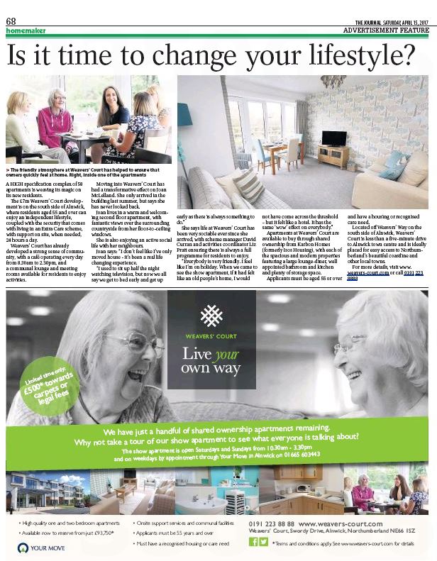 WeaversCourt's tweet photo. Parents need a new #Northumberland home? Look out for @WeaversCourt in@TheJournalNews HomeMaker today. Last few apartments for over 55s. https://t.co/zJtK9oNs6d