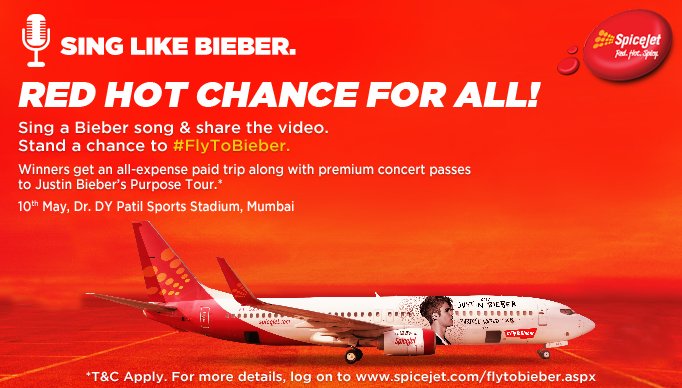 flyspicejet's tweet photo. Win all-expense paid trip &amp; premium passes to @justinbieber Concert. #SingLikeBieber, tweet the video using #FlyToBieber &amp; tag @flyspicejet https://t.co/h1I2taeWBY