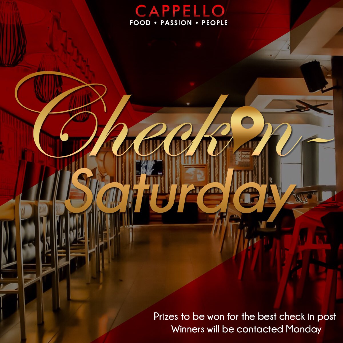 CappelloKempton's tweet photo. Come enjoy our specials and check in and stand a chance to win amazing #CappelloKempton #Saturdaycheckin https://t.co/LLDZR027Ow