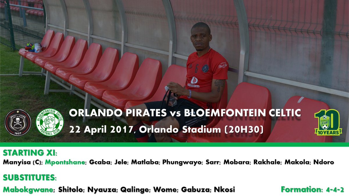 The Orlando Pirates line-up vs Bloemfontein Celtic in the #NedbankCup QF at Orlando Stadium. Kickoff 20H30 #OnceAlways
