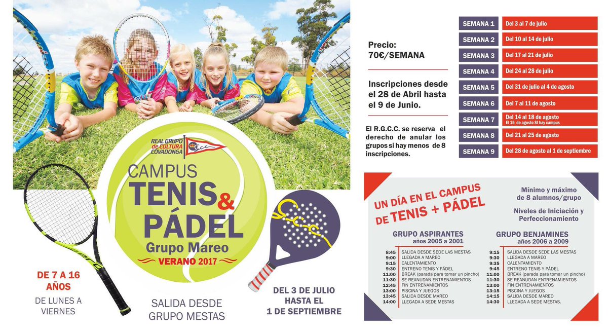 Este verano, no te pierdas nuestros nuevos Campus de Tenis y Pádel. Inscripciones desde el 28 de abril. ¡Anímate! #RGCC #Tenis #Pádel #Mareo