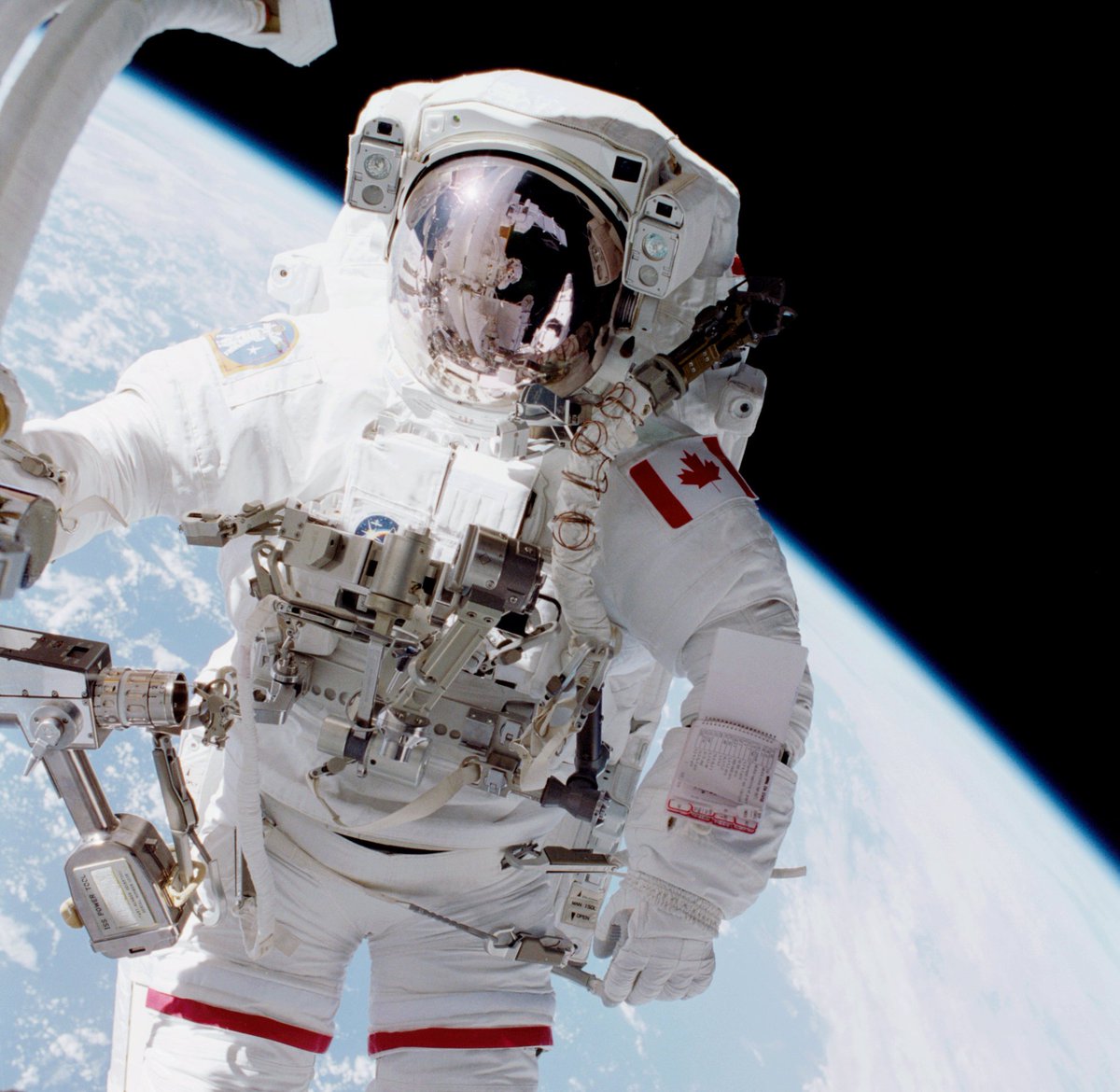 Cmdr_Hadfield's tweet image. From here you can see that our Earth is rare, shared and beautiful. My first spacewalk, 16 yrs ago today #EarthDay We're in this together.