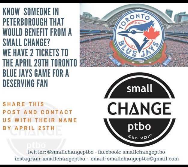 smallchangeptbo's tweet image. We're excited @smallchangeptbo to have two #BlueJays tickets. Follow us, tweet about it and let us know who should win! #smallchangeptbo