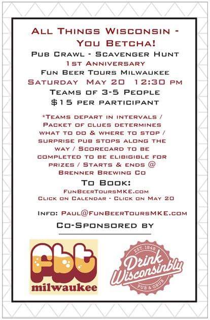 1st Anniversary ROAD RALLY Pub Crawl - Scavenger Hunt!  Sat, May 20.  <a href="/BrennerBrewing/">Brenner Brewing Co.</a>  <a href="/DrinkWiPub/">DW Pub</a>