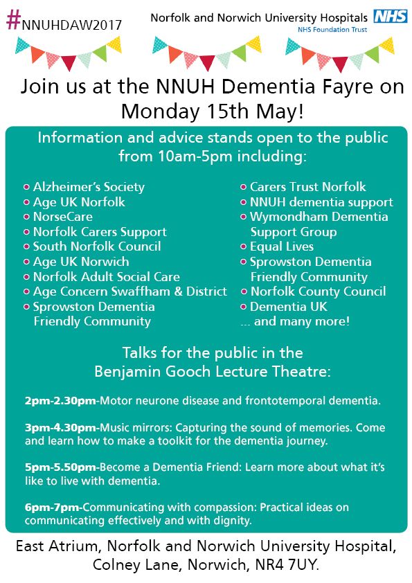 NNUH's tweet image. Head to the Benjamin Gooch Lecture Theatre on Mon 15th 2-2.30pm for a talk on motor neurone disease and frontotemporal dementia #NNUHDAW2017