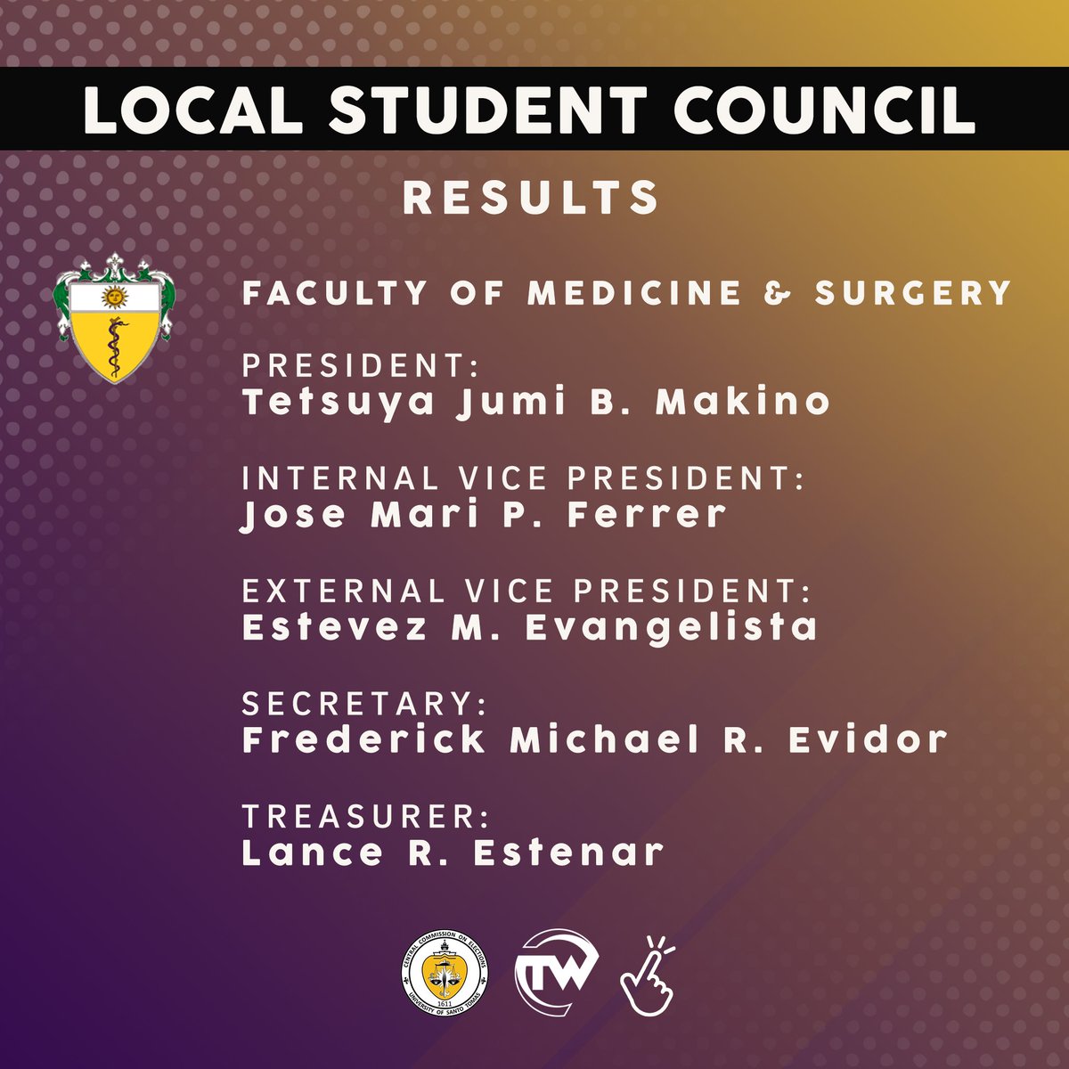 TomasinoWeb's tweet photo. Makino wins as the new president for the Faculty of Medicine & Surgery Student Council 2017-2018. #USTHalalan2017 #RightClick2017 https://t.co/IRbsuEXRLL