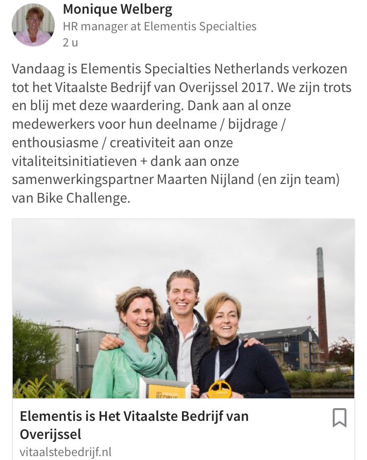 Trots. Blij met het vertrouwen van Elementis in onze aanpak op gebied van Duurzame Inzetbaarheid. Van werkende teams naar Teamwork