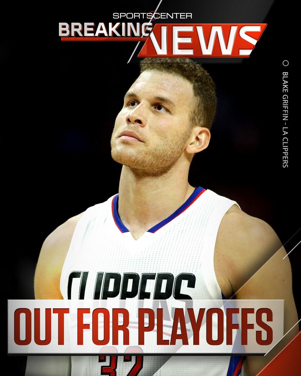SportsCenter's tweet photo. Breaking: Blake Griffin will miss the remainder of the postseason due to a toe injury. https://t.co/Jbv5Vha5WR https://t.co/OXc1iq9gBk