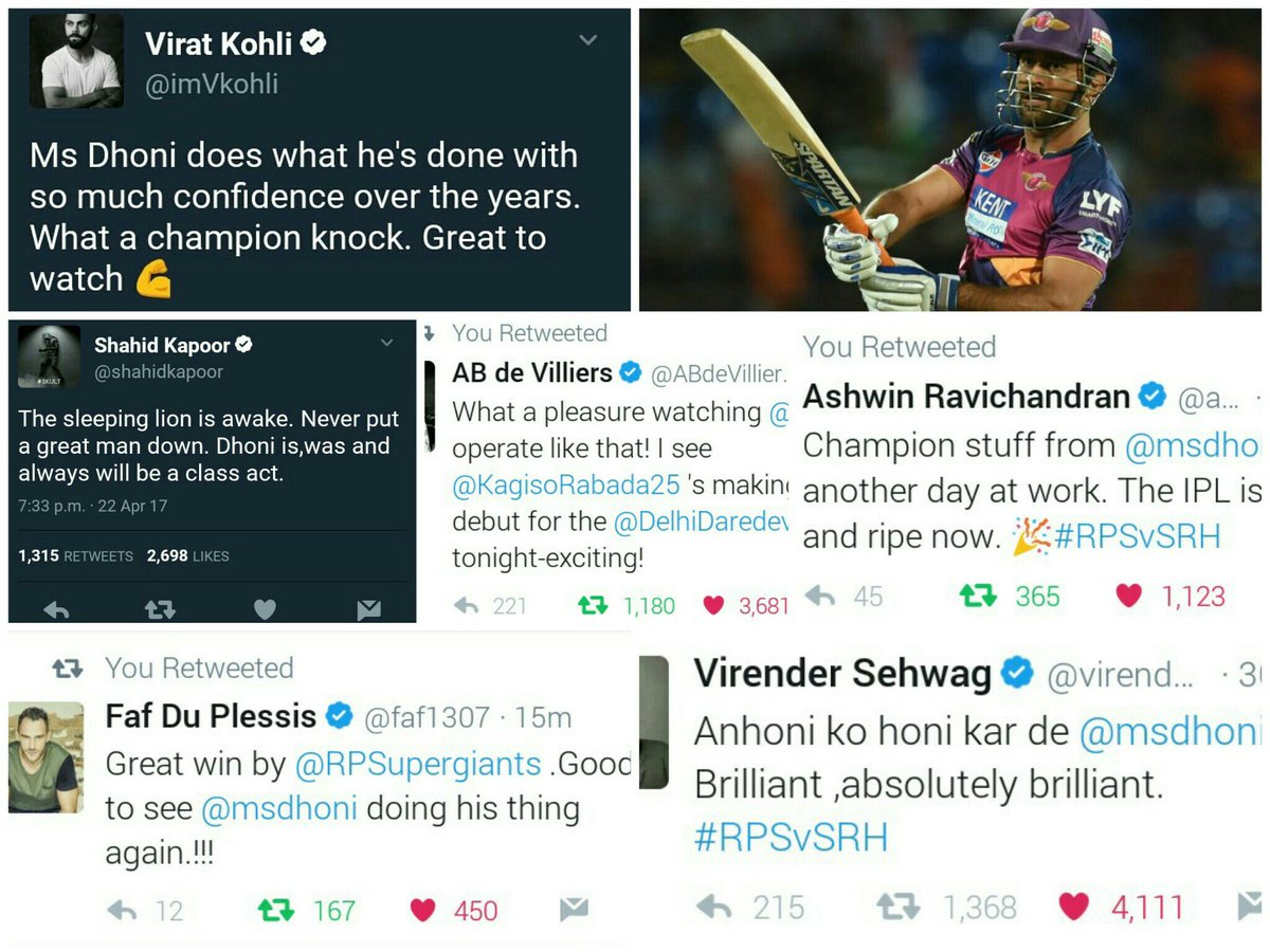 Great words from Great players to Great #Dhoni <a href="/msdhoni/">Mahendra Singh Dhoni</a> 😍😍 <a href="/IPL/">IndianPremierLeague</a> #RPSvSRH @RPSupergiants
