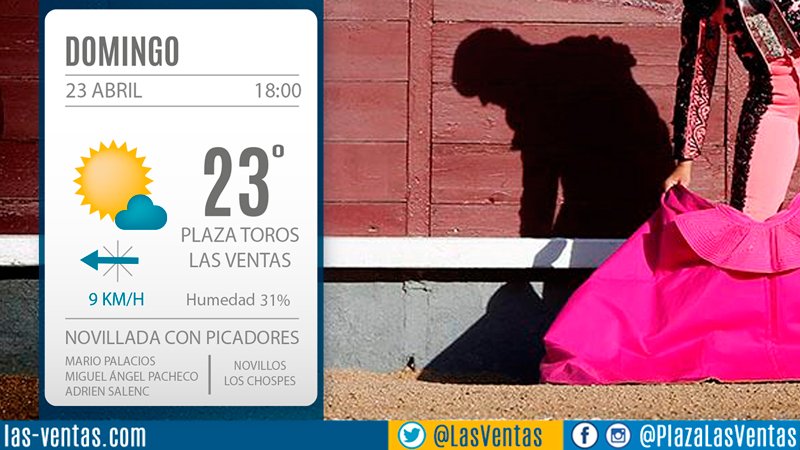 🌞 | Pocas nubes y 23º se esperan este domingo en #LasVentas para la novillada de <a href="/torosloschospes/">GanaderíaLosChospes</a>
🎟 ¡Desde 2,90€!
👉 ow.ly/YNza30aWVQw