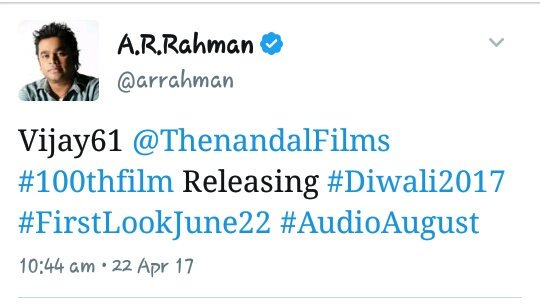 MathusLee's tweet photo. Thank You @arrahman sir
#IamWaiting for #Thalapathy61 AudioLaunch $ #FirstLookJune22 https://t.co/9Z9sanWmbf