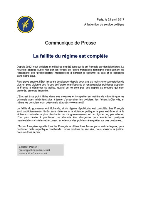 [Communiqué] La faillite du régime est complète #ChampsElysees #attentatchampselysees