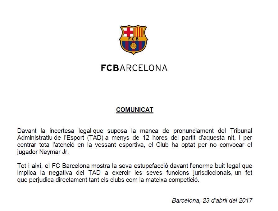 Fc バルセロナ 速報 試合 まで12時間を切った状況で Tad スポーツ行政裁判所 からの判断が発表されない法的に不透明な状況を鑑みて クラブは今晩の試合に ネイマールjrを招集しないことを決定した Fcblive Elclasico