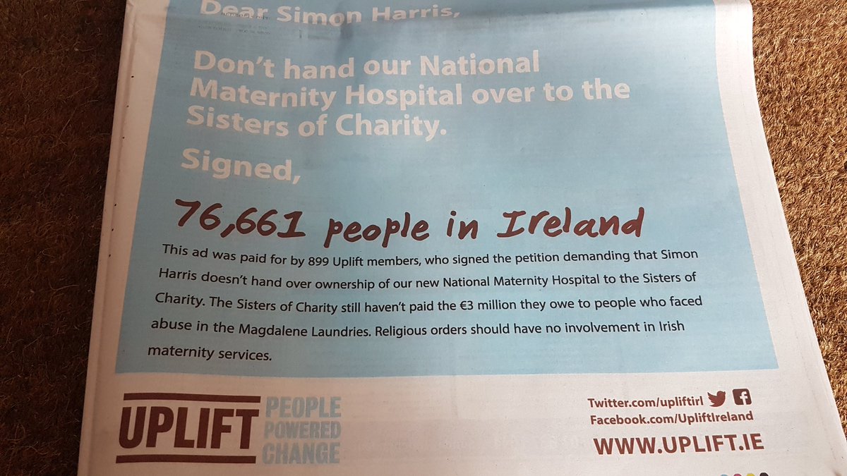 ruairimckiernan's tweet photo. Don't hand over our #NationalMaternityHospital - 
Full page ad in the Sunday Independent, crowdfunded by 899 @UpliftIRL members. https://t.co/zmtFqn08QD