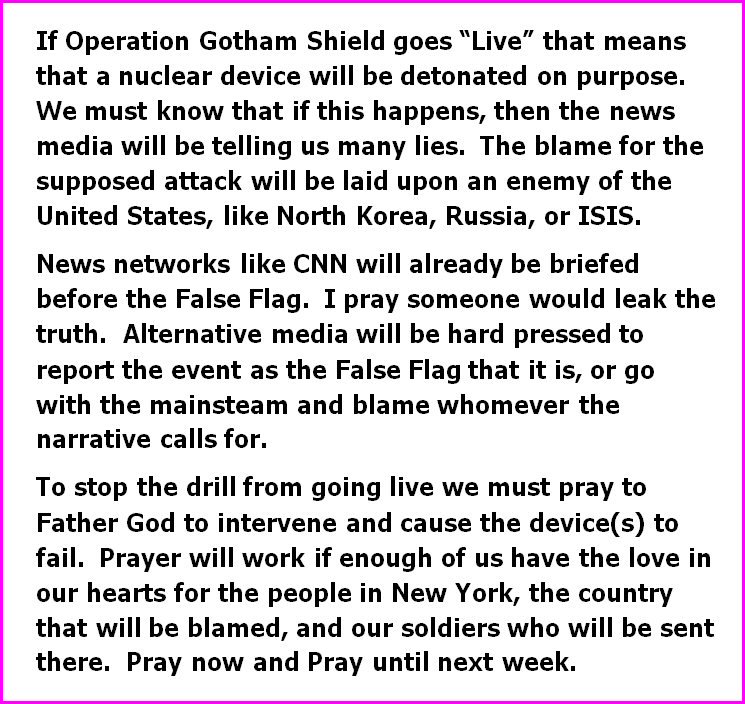 heartdaughter's tweet photo. If Operation #GothamShield goes “Live”

#BREAKING #News #CCOT #TCOT #SundayMorning #WWIII #NorthKorea #CIA #FalseFlag #StayWoke #Prayer https://t.co/LoY6EjUmF7