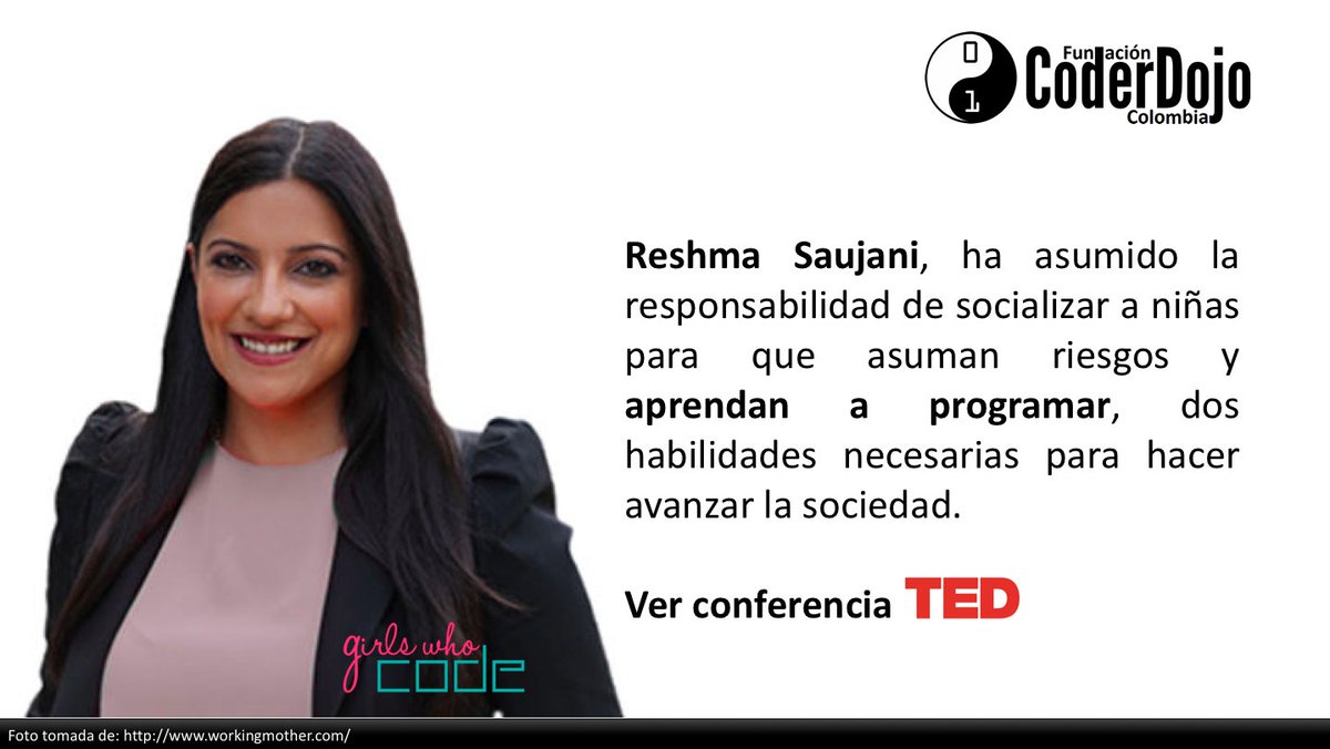 CoderDojoColomb's tweet image. Reshma Saujani: "Estamos educando a las niñas para ser perfectas y a los niños para ser valientes" @GirlsWhoCode ted.com/talks/reshma_s…
