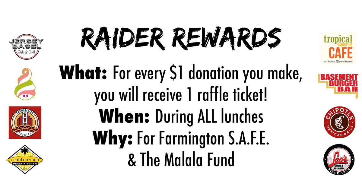 NFStudentSenate's tweet photo. One of the great ways you can donate during Chairty Week is our Raider Rewards program. For every $1 you give, you receive a raffle ticket! https://t.co/NeublghCsd