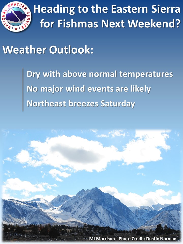 NWSReno's tweet photo. Forecast looks good for #FISHMAS2017. Be careful! Creeks will be running cold, high, and fast! @EasternSierra @visitmammoth @MonoSheriff https://t.co/Hg0s9MaKq0
