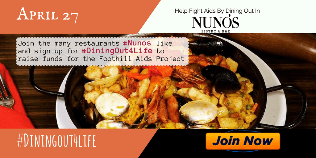FoothillAIDS's tweet photo. Help #endAIDS in #Upland by eating at #nunosbistro! They'll donate part of their proceeds to #FoothillAIDSProject https://t.co/CzAnOJFfkL https://t.co/DbxkXshEOa
