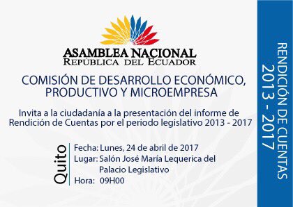 solbuendia's tweet photo. En cumplimiento a la Constitución, tengo el agrado de invitarles a la Rendición de Cuentas de @DesarrolloEcPro a las 9h00 @AsambleaEcuador https://t.co/smNMjBl18C