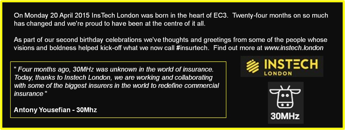 InsTech_London's tweet photo. Thanks Anthony @30MHz_UK of @30mhz for the msg to celebrate @InsTech_London's 2nd birthday #instech2years #insurtech https://t.co/SACcpT4i4I https://t.co/UxMtlJwK3J