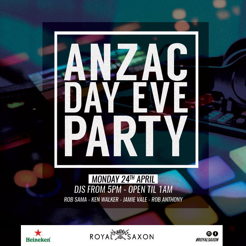 royalsaxon's tweet photo. ANZAC Day Eve Party // DJs from 5pm // Open til 1am  #noworktomorrow #royalsaxon #midweekweekend https://t.co/lte9kR0Pq5