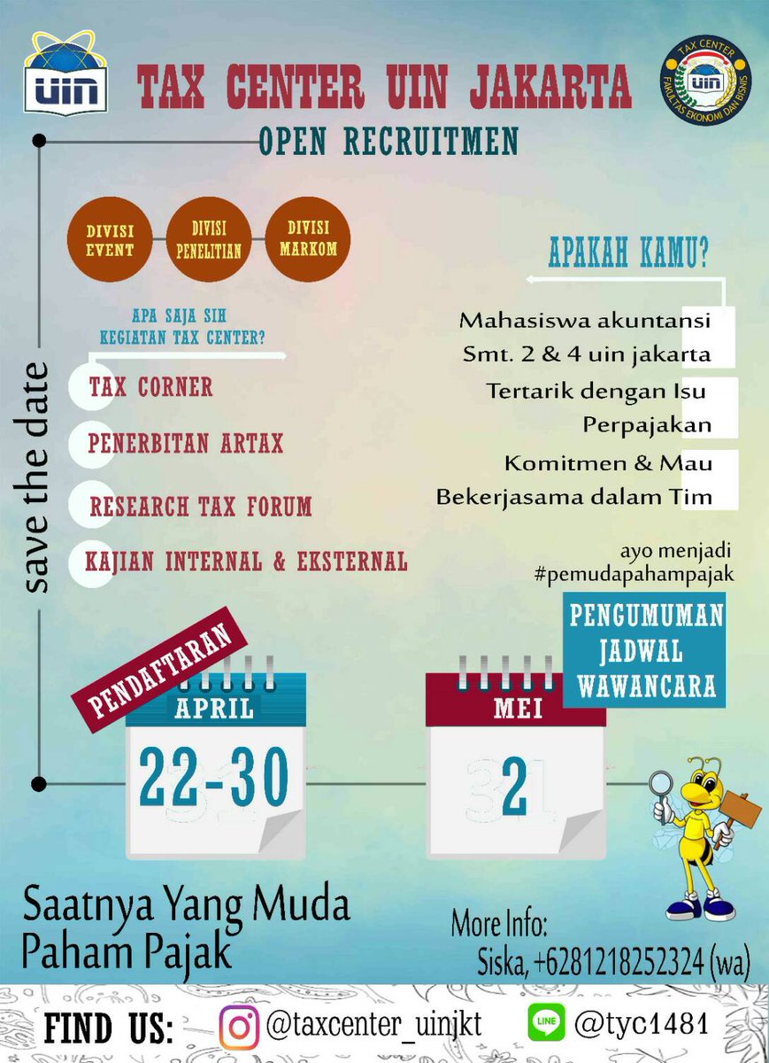 Tax Center UIN Jakarta open recruitmen! yuk buruan daftarkan dirimu segera, udah saatnya yang muda paham pajak