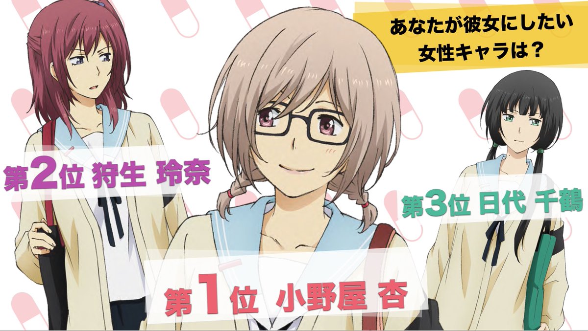 O Xrhsths Relife アニメ公式 Sto Twitter Relife 総選挙の結果発表 昨日の4 23イベントにて 皆さまにご投票いただきましたrelife総選挙の結果発表を行いました 公式twitterでも公開していきます あなたが彼女にしたい女性キャラは 3位日代千鶴 2位狩生玲奈