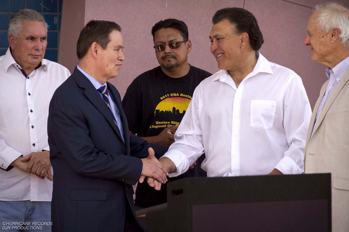 #Albuquerque City Councilor Ken Sanchez congratulates Al Jr. after the  official announcement of the Al Hurricane Pavilion at Civic Plaza.