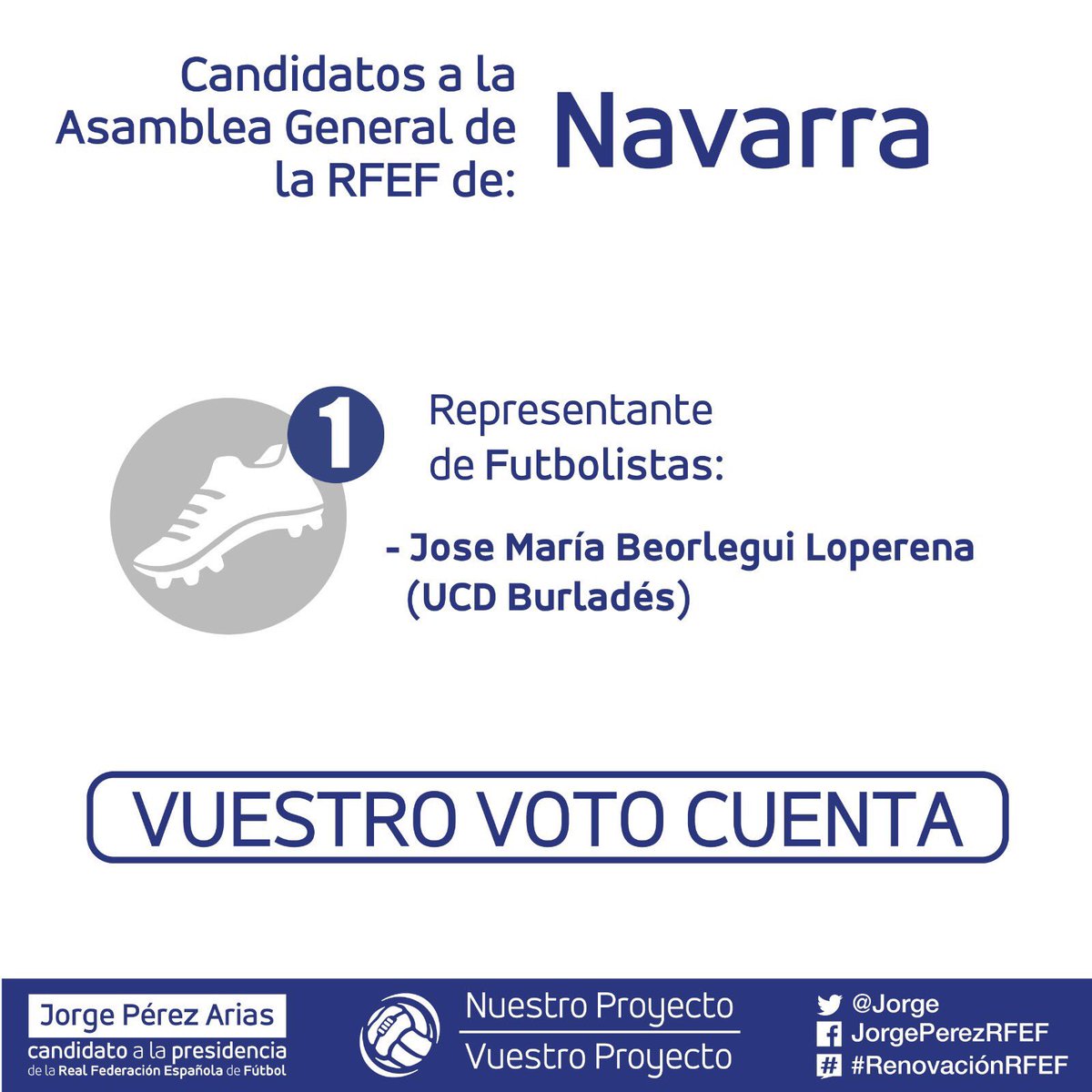 JUGADORES DE NAVARRA, este jueves podéis elegir presencialmente a vuestro candidato a la Asamblea General. Votad #RenovaciónRFEF