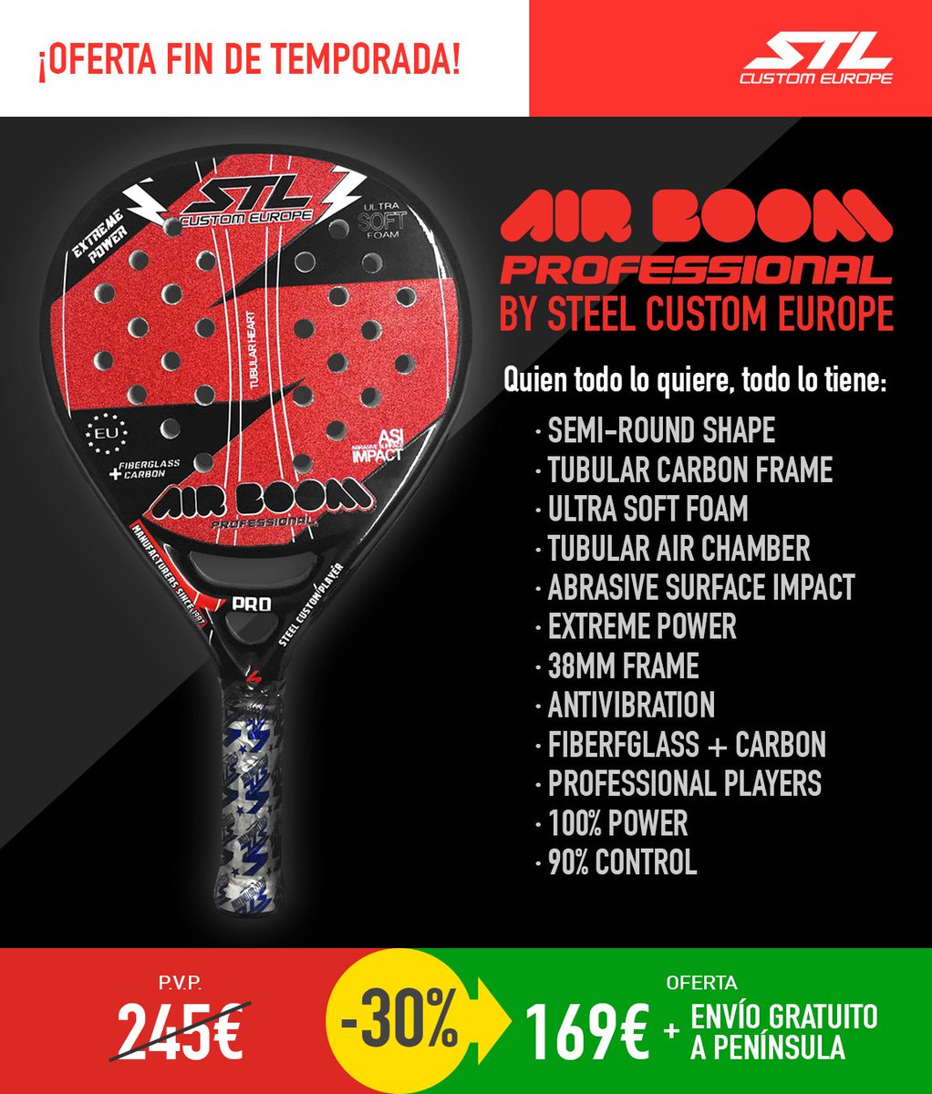 SteelCustom's tweet photo. ¡Oferta fin de temporada! La pala de #pádel que gusta a todo el mundo, la Steel Custom Air Boom, al 30%, sólo 169€!! https://t.co/xHAkcbpkkx https://t.co/Ue1Pfegv5q