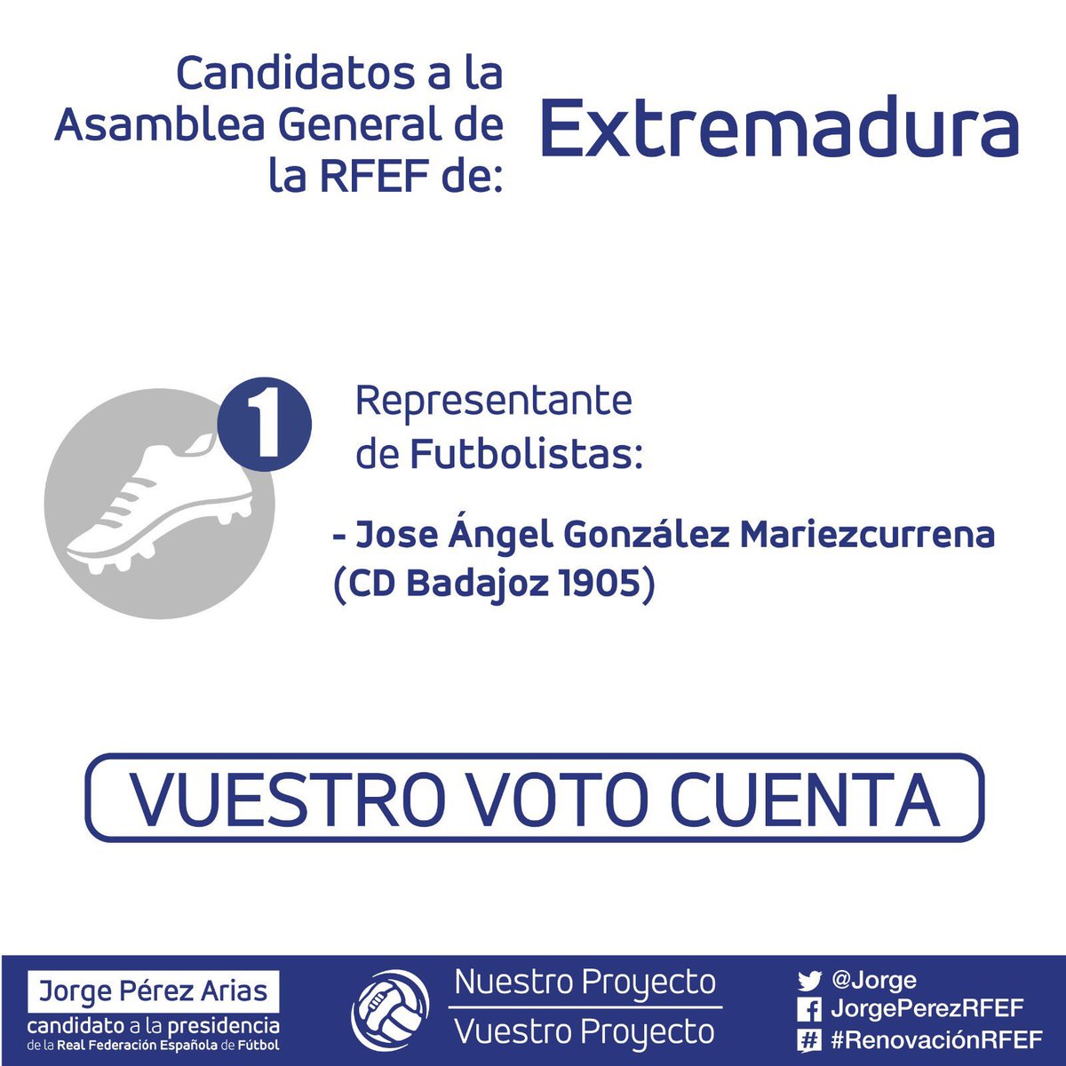 JUGADORES DE EXTREMADURA, este jueves podéis elegir presencialmente a vuestro candidato a la Asamblea General. Votad #RenovaciónRFEF