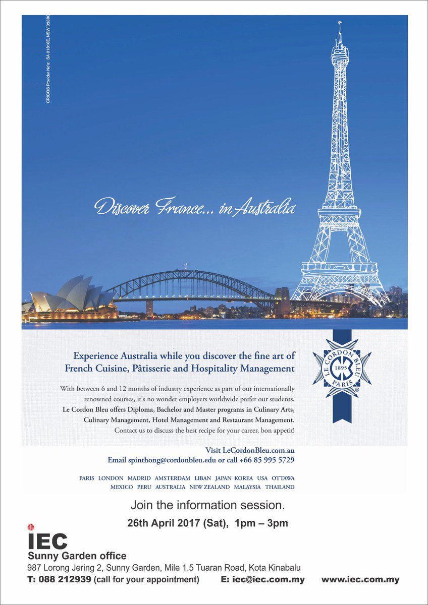 Interested in studying culinary or hospitality? Find out more about Le Cordon Bleu. #iecsabah #culinary #hospitality #kotakinabalu #kkcity