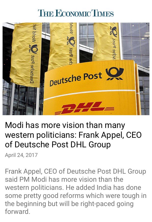 Modi has more vision than many western politicians: Frank Appel,CEO of DeutschePost DHLGroup
economictimes.indiatimes.com/articleshow/58…