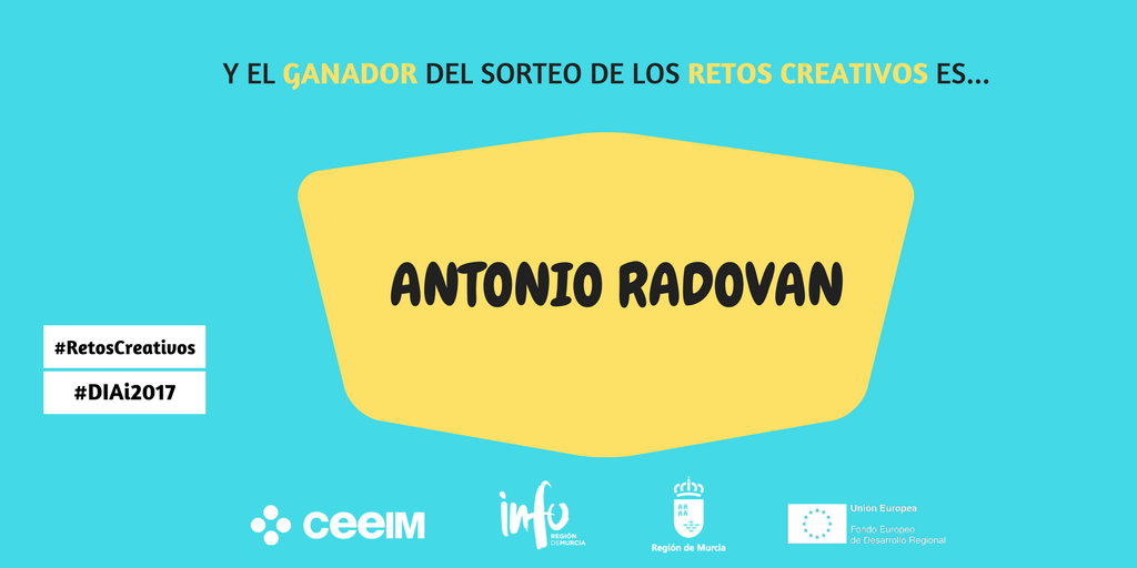 CeeiMurcia's tweet photo. 😱🎉¡Enhorabuena @aradovan ! Has sido el ganador del sorteo de los #RetosCreativos durante el #DIAi2017 Envíanos un email a redes@ceeim.es 😜 https://t.co/XYIQyLm911
