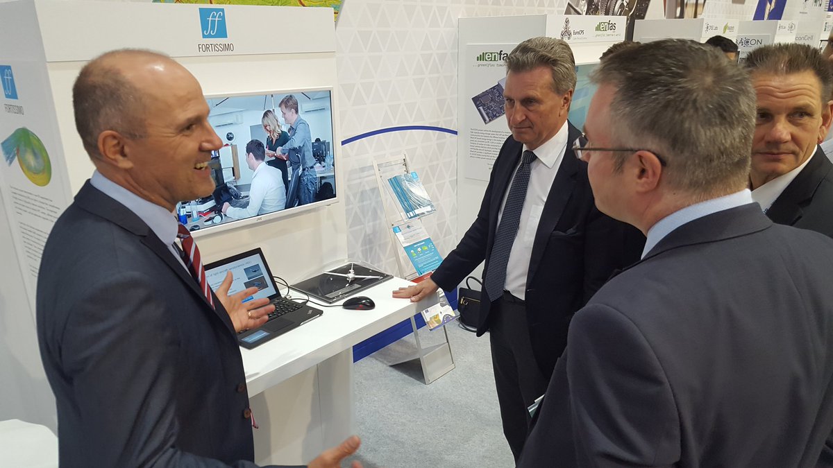 Tomi_Il's tweet image. Eu Kommissioner Gunther Oettinger on I4MS booth in Hannover Fair today. @FortissimoPro @SesameNet @EU_Cloudflow