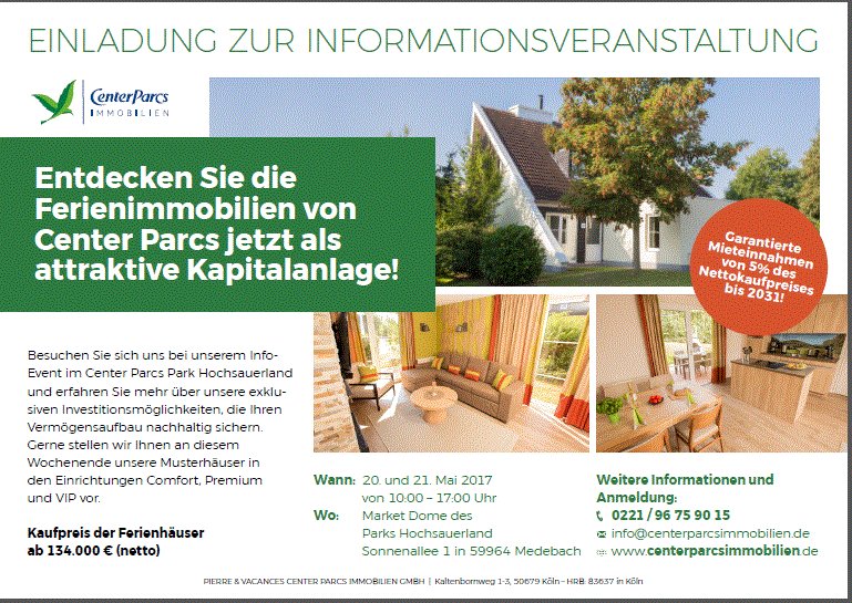 Save the date! 🗓️20./21.5.Info-Veranstaltung #Investmentimmobilien #CenterParcs #Hochsauerland 💰Anmeldungen gerne direkt.