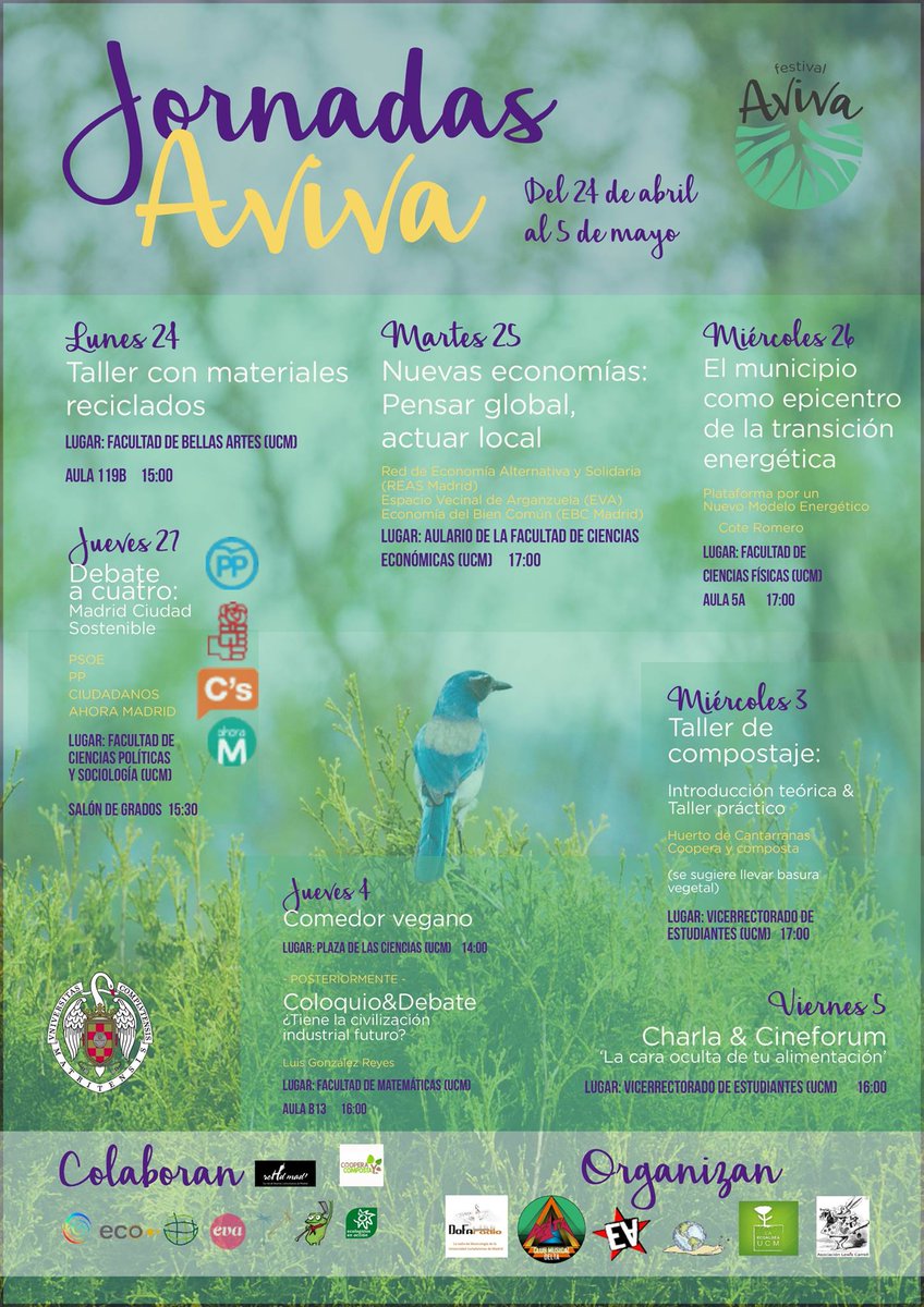 24abril-5mayo en <a href="/unicomplutense/">Complutense</a> I Edición Jornadas Aviva. <a href="/HuertAulaUCM/">Cantarranas UCM</a> estará muy presente. Os iremos contando. avivafestival.com/jornadas/