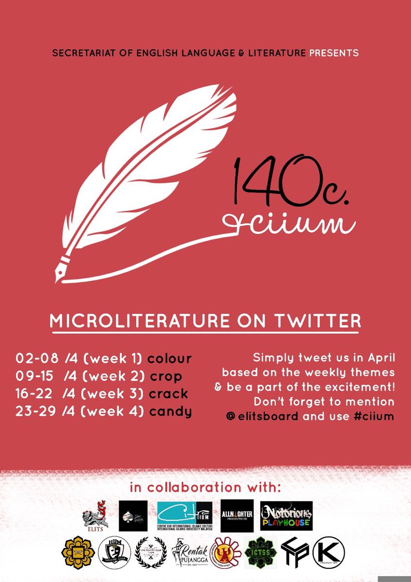 elitsiium's tweet photo. What's happening now?
π 140C #CIIUM (throughout April)
π Poet's Passport: Nur/ Light (27th April)
π Film Screening: Adiwiraku (2nd May) https://t.co/80iq81e3Ss