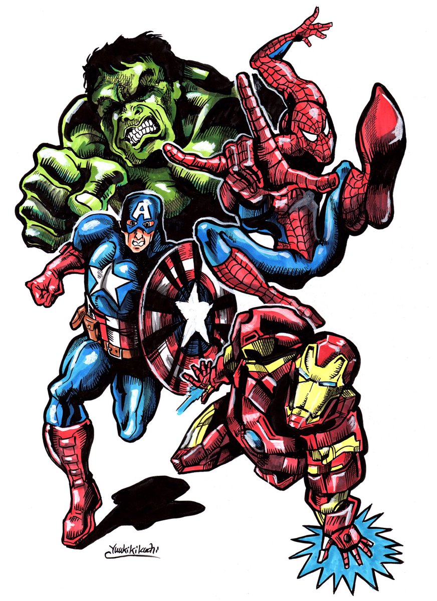 スパイダーマンとキャプテン・アメリカとアイアンマンとハルクを描いた。