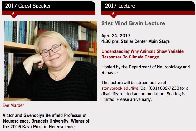 Eve Marder giving the Mind Brain Lecture <a href="/stonybrooku/">Stony Brook University</a> today 4:30 pm ET. It will be live streamed. stonybrook.edu/commcms/mind/