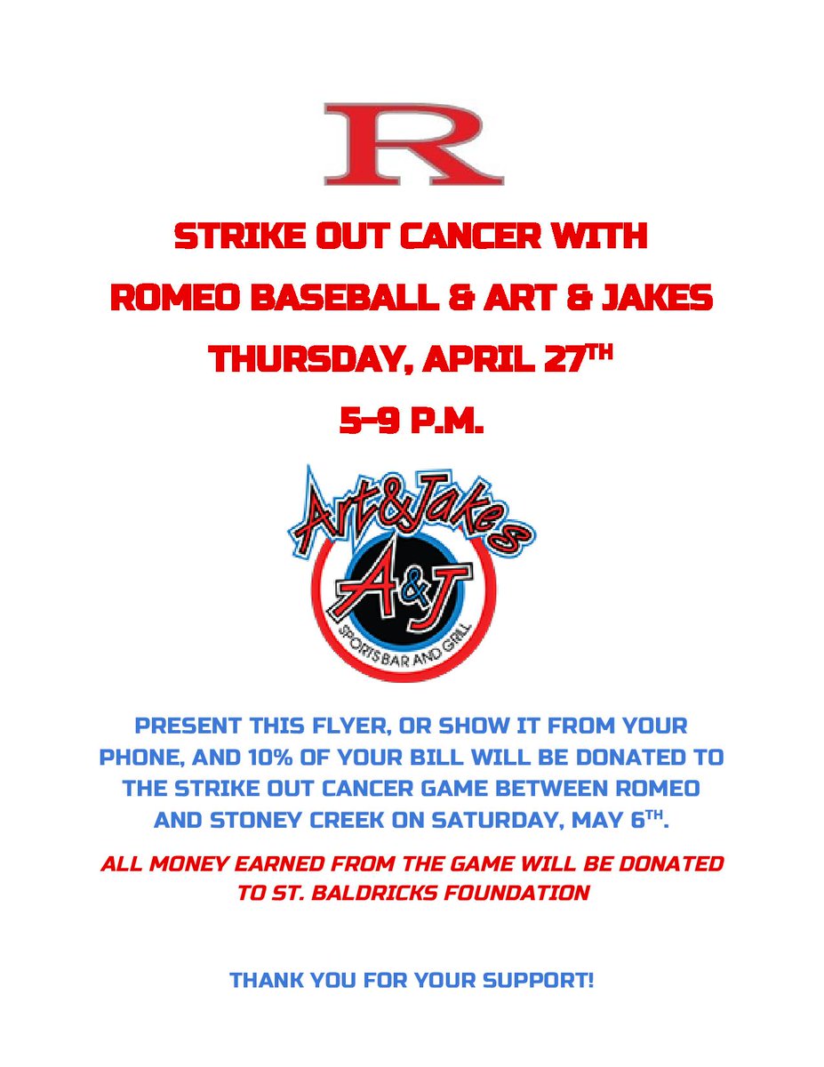 Come out and support <a href="/RomeoBaseball/">Romeo Baseball</a> on Thursday at Art and Jakes from 5p-9pm.  Proceeds rasied will go to <a href="/StBaldricks/">St. Baldrick's Foundation</a> #strikeoutcancer