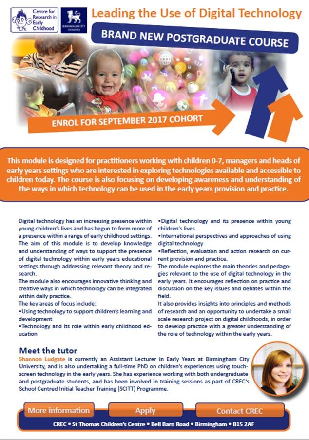 ShannonLudgate's tweet photo. Apply now to study a Masters at @_CREC! New module on #DigitalTechnology in #EarlyYears #EYPractitioner #masters #MA https://t.co/nsoeiKBp9O https://t.co/LkUJoWyu4Q
