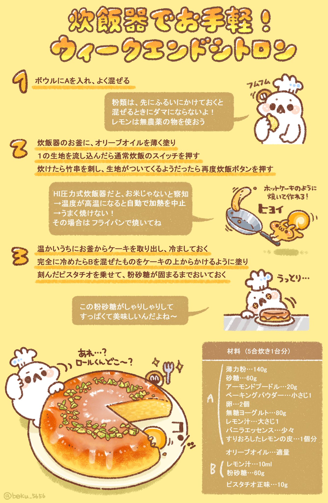 ぼく イラスト料理研究家 炊飯器でお手軽 ウークエンドシトロンのレシピをまとめました ٩ Oo ۶ Oo Hi圧力式炊飯器の場合は ホットケーキのようにフライパンで焼いて作ってね さわやかな酸味がンンンまい