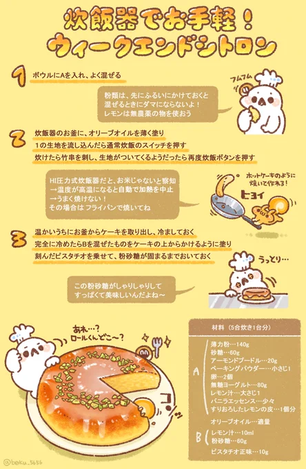 炊飯器でお手軽！ウークエンドシトロンのレシピをまとめました！！！٩( OO )۶ …oO((HI圧力式炊飯器の場合は、ホットケーキのようにフライパンで焼いて作ってね！！！さわやかな酸味がンンンまい～！ 