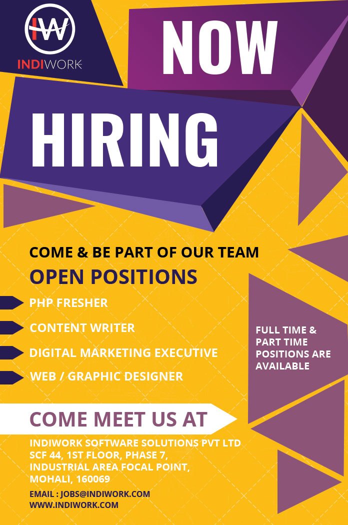 IndiWork_Tweets's tweet image. #Join us Now! Call at : 0172-4663105
#Hiring for #phpfresher #contentwriter #digitalmarketingexecutive #webdesigner #graphicdesigner