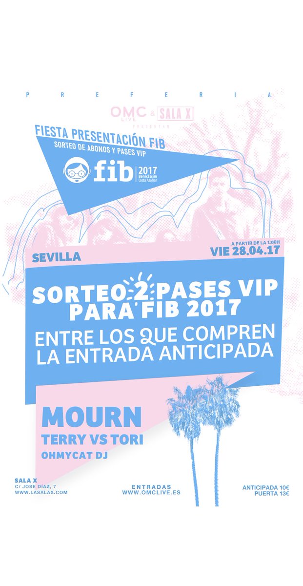 Ohmycat (@ohmycatohmycat) on Twitter photo ¿De vip en el <a href="/fiberfib/">FIB Benicàssim Festival</a>?
Se sortearán 2 #pasesVIP entre los que compréis anticipada para este viernes ! bit.ly/MOURNsevilla ¿De vip en el <a href="/fiberfib/">FIB Benicàssim Festival</a>?
Se sortearán 2 #pasesVIP entre los que compréis anticipada para este viernes ! bit.ly/MOURNsevilla
