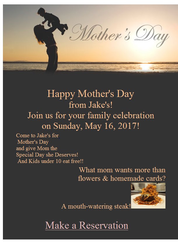 JakesSteakhouse's tweet photo. Bring Mom to Jake's for Steaks  &amp; Kids eat free https://t.co/FPF2TgtVM6 https://t.co/HaZMoCcf3W