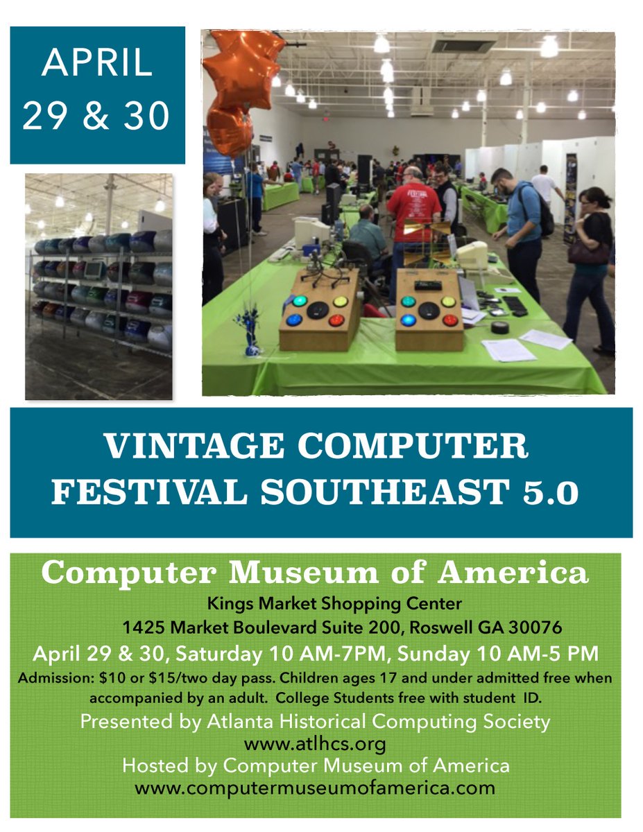 RCRPodcast's tweet photo. The Vintage Computer Festival Southeast is this weekend in Roswell, Georgia, USA. Come one, come all! @VCFSE #VCFest #retrocomputing https://t.co/HmTwoVZKFt